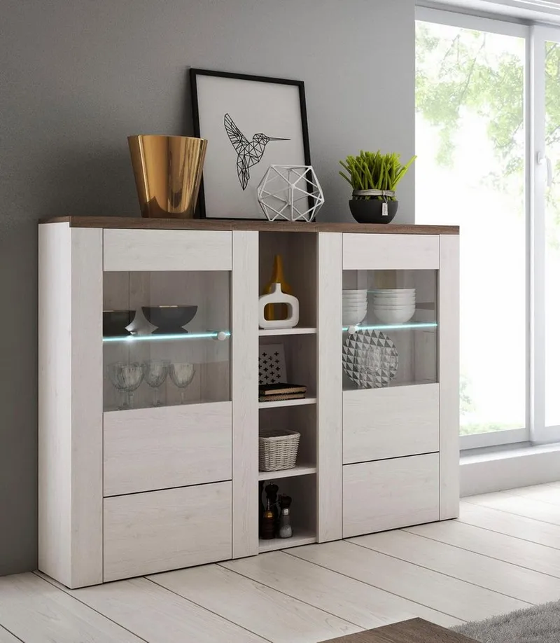 OTTO home Highboard Larona, zeitlose Hochkommode mit 2 Türen, Türkommode, Höhe 129,5 cm, Anrichte mit dekorative Rahmenoptik, Türen mit Glaseinsatz, Weiß, – Produktbild 3 von 5