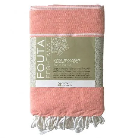 Karawan authentic Karawan authentic Fouta Hamamtuch aus reiner Bio-Baumwolle 200 × 100 cm (Stil HAMMAM), Corail red, – Produktbild 2 von 4