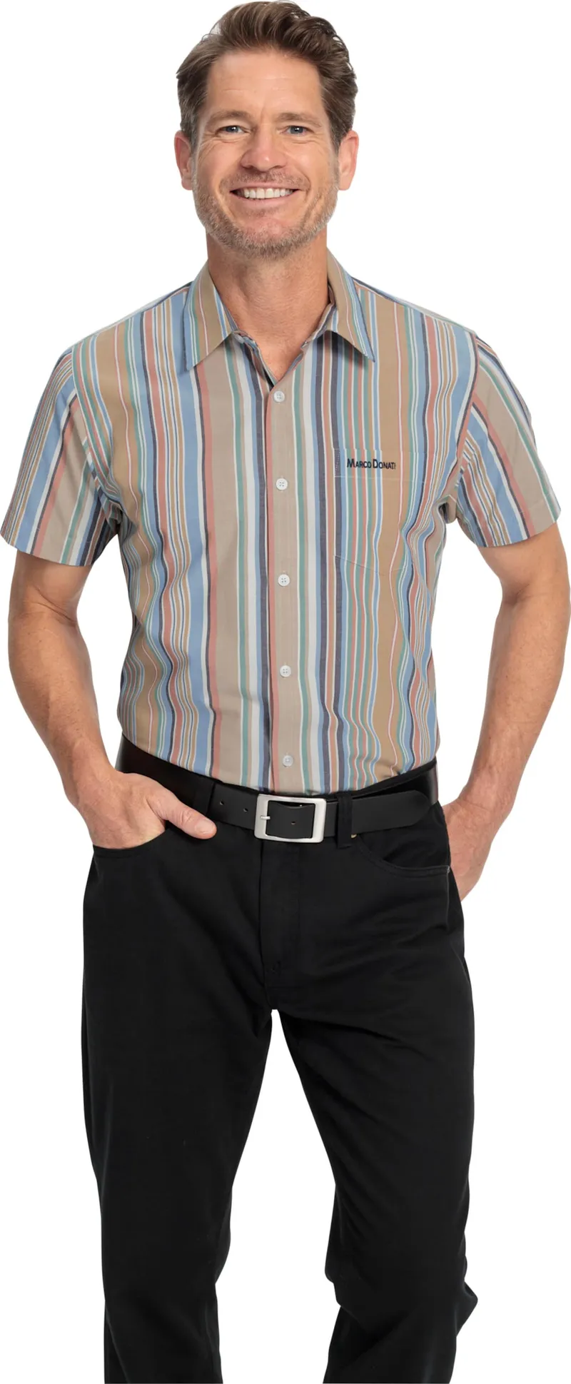 marco donati Kurzarmhemd camel-beige-gestreift, Camel-beige-gestreift, – Produktbild 2 von 2