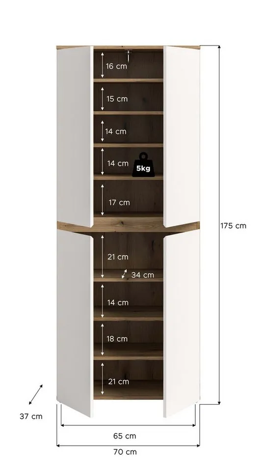 furnling Mehrzweckschrank Sarca - in 5 trendigen Farben 1 Kleiderstange, 4 Türen, 9 Fächer, Universalschrank, Höhe 175 cm, Weiß, – Produktbild 5 von 5