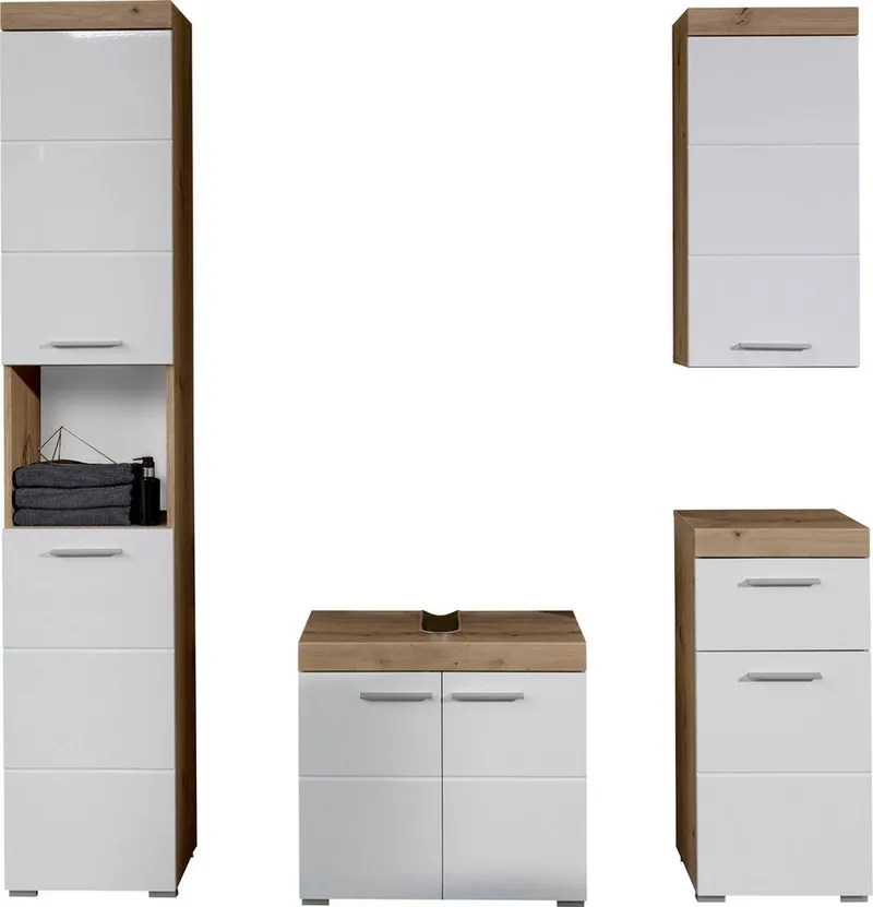 welltime Badmöbel-Set Avena, (Set, 4-St), Badmöbel - Hochschrank, Waschbeckenschrank, Hängeschrank und Kommode, Weiß, – Produktbild 4 von 5
