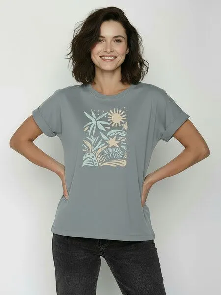 GreenBomb GREENBOMB Plants n Leaves Loony - Sportliches T-Shirt aus Bio-Baumwolle mit Rollup Sleeve / hochwertiger Print / GOTS / Fair & Vegan, Grau (fogstone), – Produktbild 1 von 4