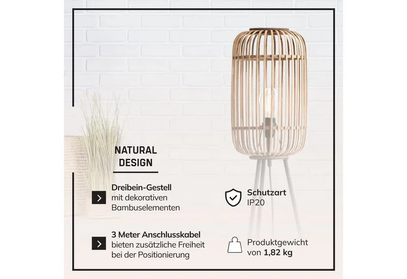 Lightbox Stehlampe, ohne Leuchtmittel, dekorative Dreibein-Lampe - Stehleuchte Nature-Style mit Fußschalter, Braun, – Produktbild 4 von 5