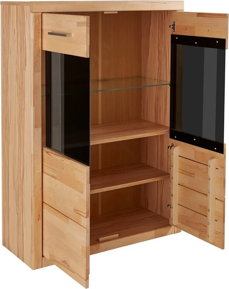 OTTO home Vitrine Ribe, 125 cm hoch, Fronten Massivholz, 4 breite Fächer Korpus Holzwerkstoff, 2Türen mit Glaseinsatz, einlegeboden verstellbar, Braun, – Produktbild 8 von 8