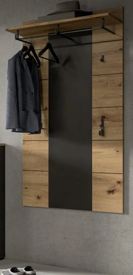 Inn.Furn Garderobenpaneel Cooper (Wandgarderobe in Eiche Artisan und Basalt grau, 80 x 141 cm), mit großer Kleiderstange und 7 Haken, Beige, – Produktbild 2 von 5