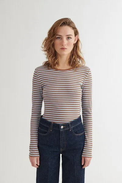 Basic Apparel Basic Apparel LUDMILLA Langarmshirt aus Bio-Baumwolle, Braun-gestreift-nuthact-dutch, – Produktbild 1 von 4