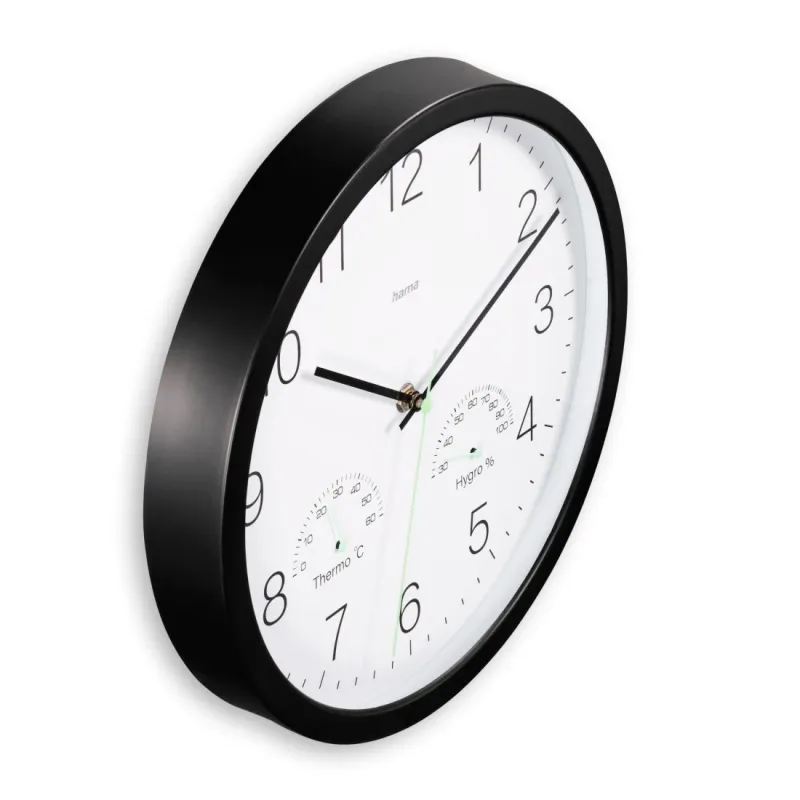 Hama Hama Wanduhr "Santorini", ohne Ticken, m. Thermo- u. Hygrometer, Ø 30cm, Schwarz, – Produktbild 2 von 3
