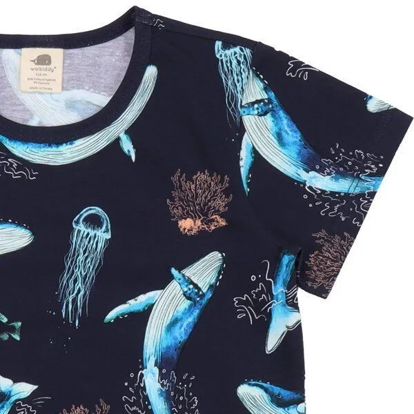 Walkiddy Walkiddy Kinder T-Shirt GOTS zertifiziert, Bio-Baumwolle, dunkelblau, Wal-Muster „Dancing Whales“, weich, Blau, – Produktbild 2 von 3