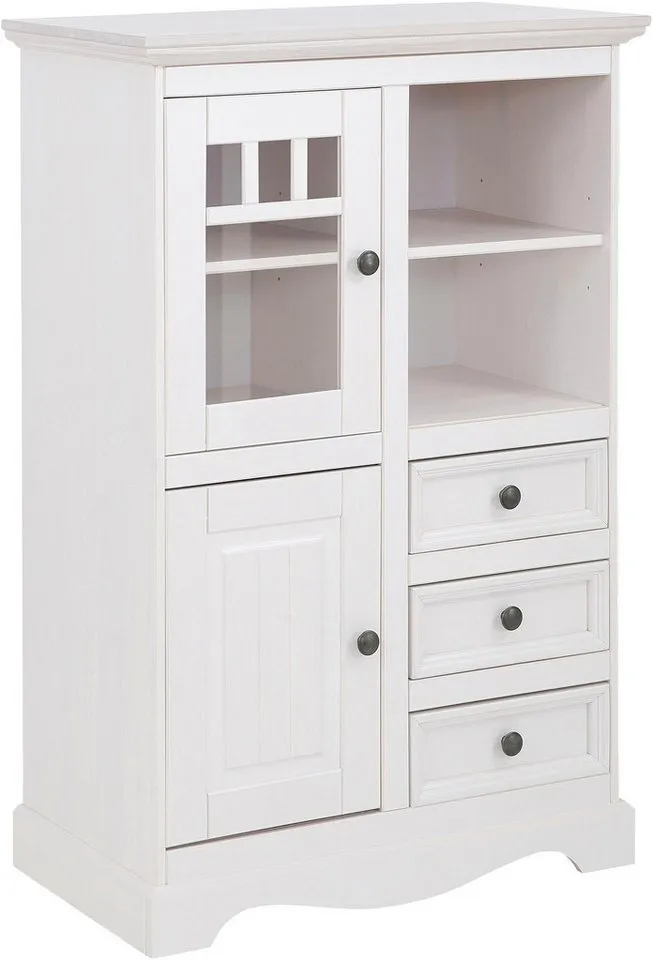 OTTO home Highboard Melissa Vitrine mit 2 Türen und 3 Schubladen, Metallknopfgriffe, mit 2 Türen, eine davon mit Glaseinsatz, natürliche Maserung, Weiß, – Produktbild 2 von 5