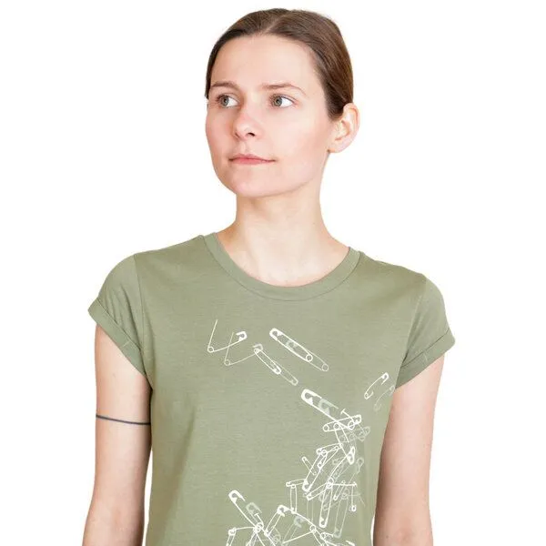 Spangeltangel Spangeltangel Damen T-Shirt aus Bio-Baumwolle „Sicherheitsnadeln“ khaki – Produktbild 2 von 2