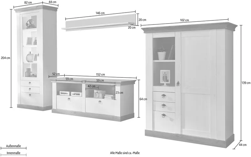 Home affaire Wohnwand Cremona, Anbauwand im Landhausstil, Komplettset, Wohnzimmer-Set, enthält Vitrine, Lowboard, Stauraumelement und Wandboard, 356 cm breit, Weiß, – Produktbild 3 von 5