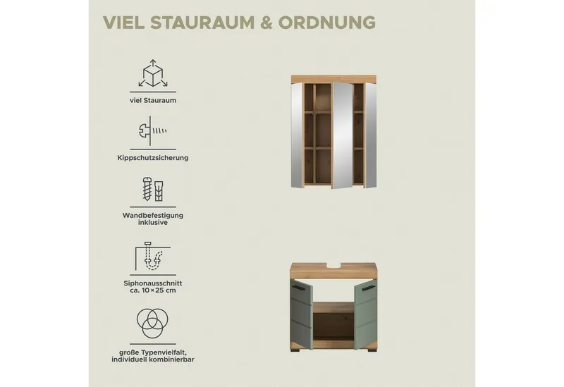 welltime Badmöbel-Set SIENA, 2 tlg., bestehend aus: Waschbeckenunterschrank, Spiegelschrank, (Set, 2-St., TOPSELLER), in verschiedenen Farben erhältlich, Badmöbel, Kombination, Badezimmer, Artisan eiche nachbildung/salbei, – Produktbild 4 von 4