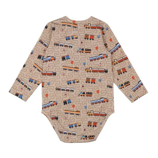 Walkiddy Walkiddy Tiny Trains Body in Braun, GOTS-Zertifizierter Bio-Baumwollstrampler mit Zugmotiv, Braun, – Produktbild 2 von 3