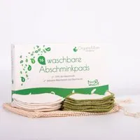 OrganicMom OrganicMom® 16 Bio-Baumwolle Abschminkpads waschbar in natur + grün inkl. Baumwollbeutel – Produktbild 1 von 1