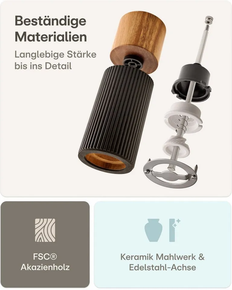 Praknu Salz- / Pfefferstreuer Salz & Pfeffermühle Set Akazien Holz – Edles Design & Keramikmahlwerk, (2er Set, 2-tlg), FSC-zertifiziert, Keramikmahlwerk, Stufenlos einstellbar, Langlebig, Schwarz, – Produktbild 3 von 5
