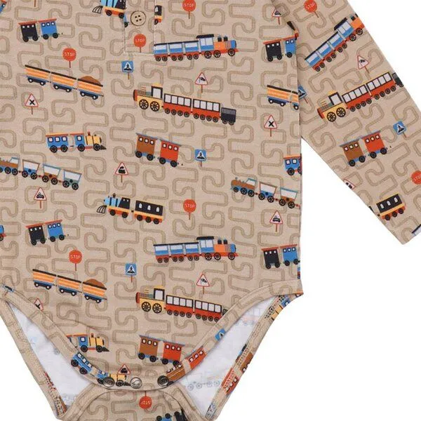 Walkiddy Walkiddy Tiny Trains Body in Braun, GOTS-Zertifizierter Bio-Baumwollstrampler mit Zugmotiv, Braun, – Produktbild 3 von 3