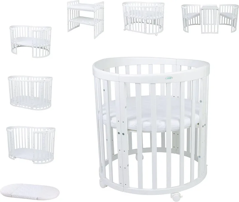 Waldin Waldin Babybett Oval 7in1 mitwachsend, Beistellbett, Matratze, Rollen, Weiß, – Produktbild 1 von 8