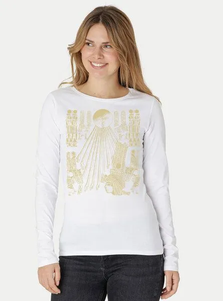 Peaces.bio - handbedruckte Biomode Peaces.bio - handbedruckte Biomode Langarmshirt Damen Sonnenscheibe Aton, Weiss, – Produktbild 2 von 3