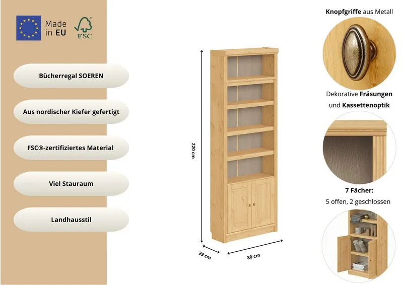 OTTO home Bücherregal mit 2 Türen Soeren Regal Aktenregal B/T/H: 80/29/220 cm, massive Kiefer, FSC®-zertifiziert, Beige, – Produktbild 1 von 5