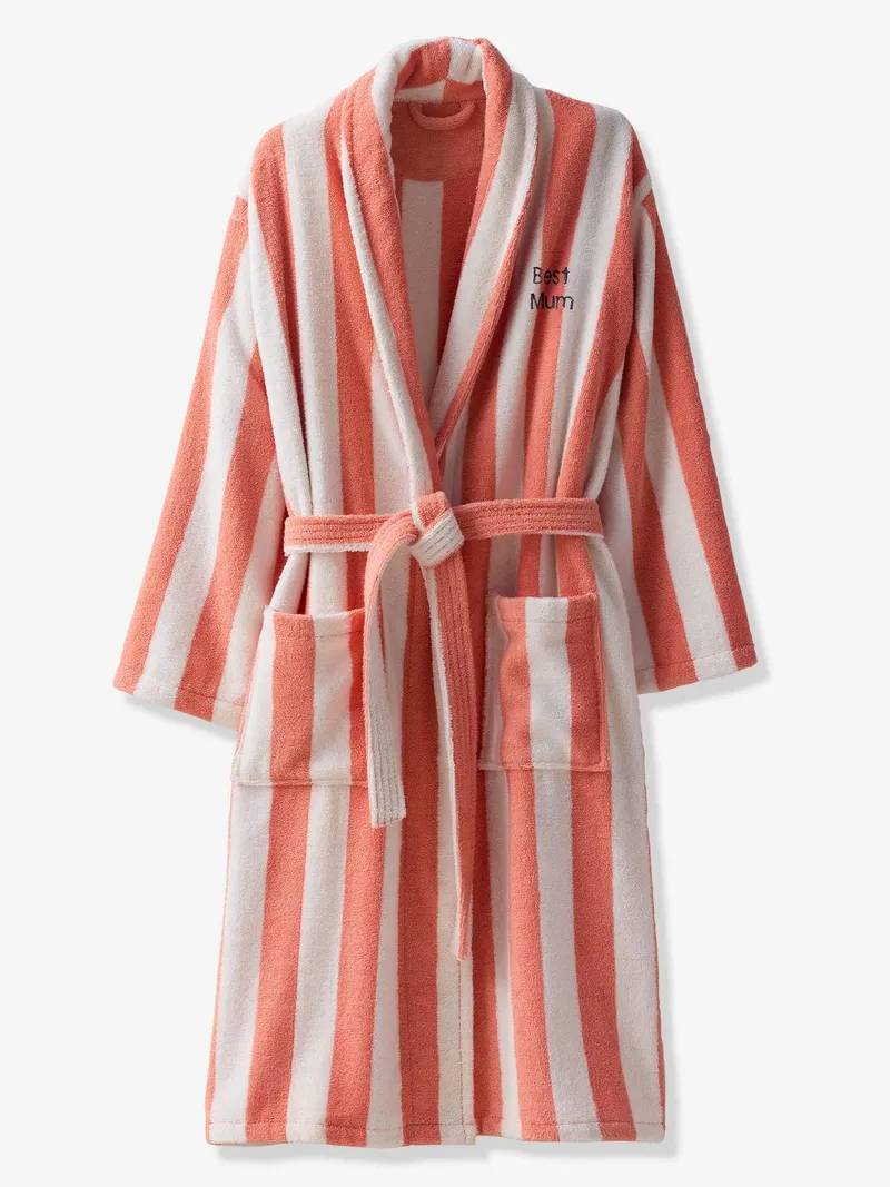 Vertbaudet Damen/Herren Bademantel STRANDKORB Capsule FAMILY personalisierbar, Rosa gestreift, – Produktbild 2 von 3