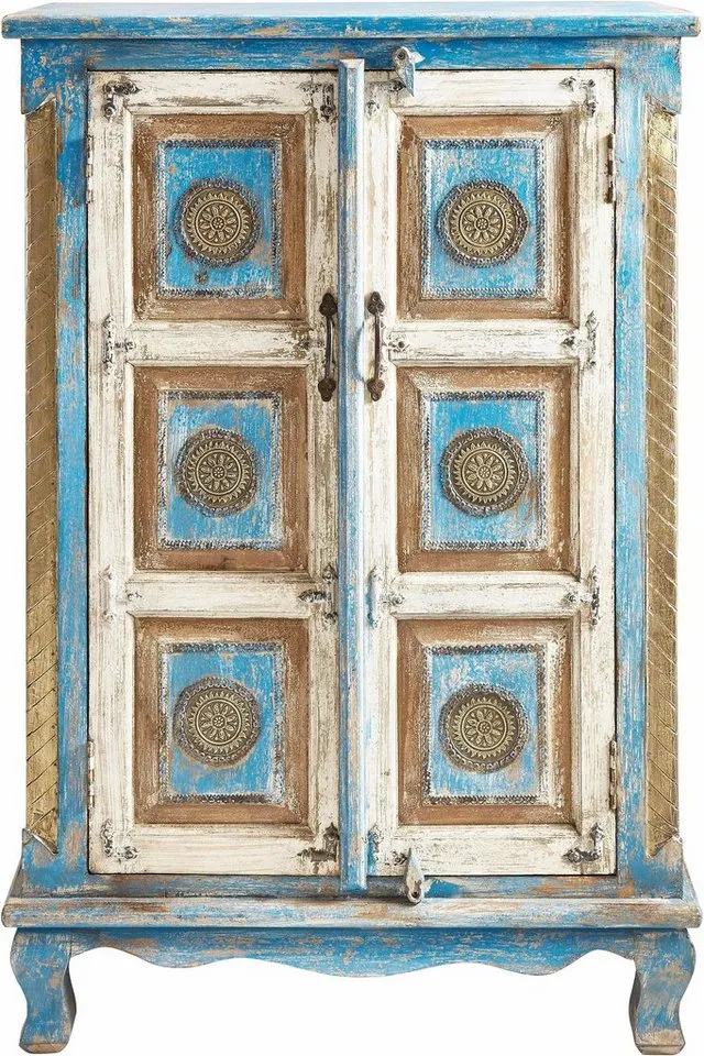 OTTO home Highboard Mahar Kommode mit 2 Türen, 3 Fächern und Metallgriffen, 120cm hoch, Stauraumschrank, Höhe 120 cm, mit aufwendiger Schnitzerei, Blau, – Produktbild 3 von 4