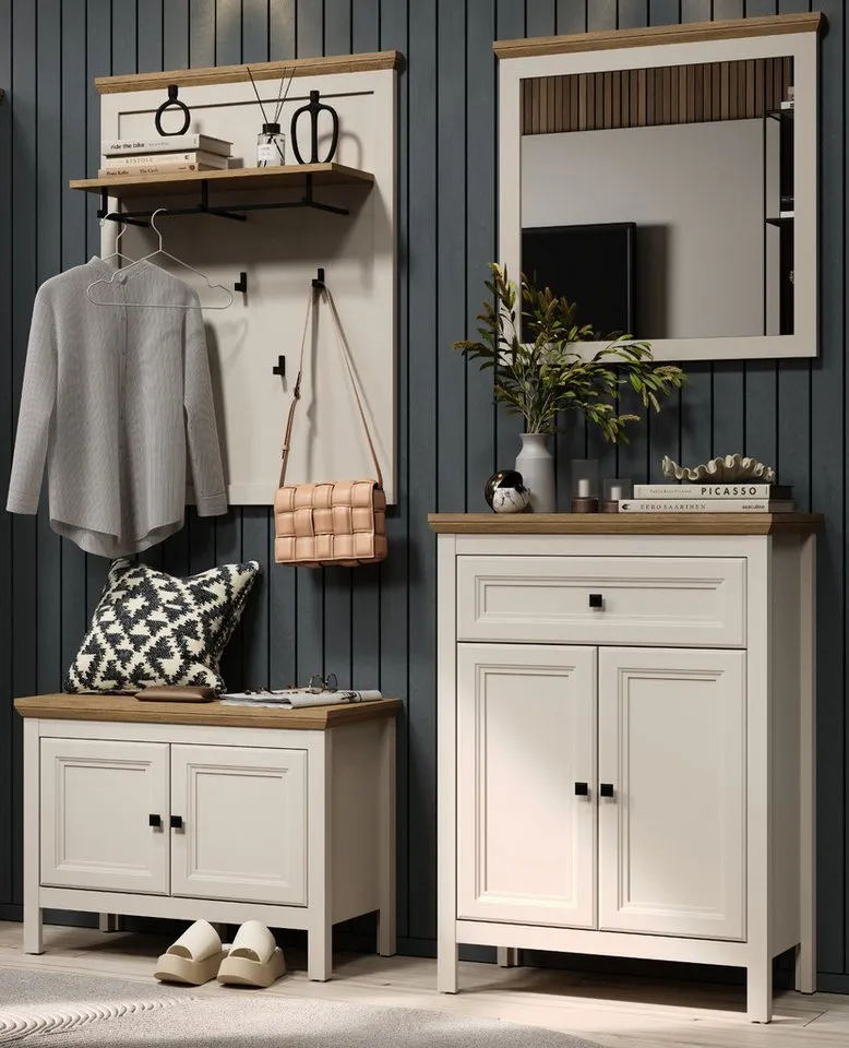 Furn.Design Garderobenpaneel Cozy (Wandgarderobe in Kaschmir mit Eiche, 8 Haken, 76 x 100 cm), stabile Metall-Kleiderstange, Beige, – Produktbild 4 von 5