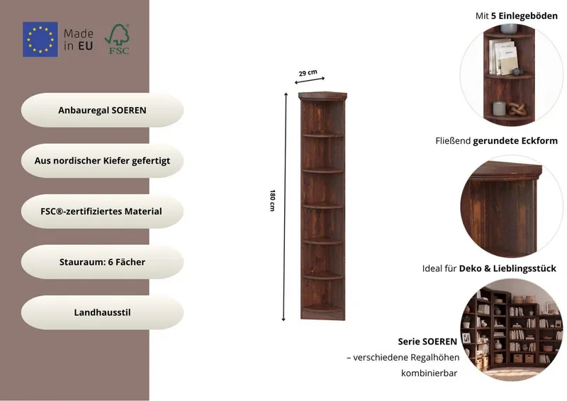 OTTO home Anbauregal Soeren Abschlussregal Höhen 97 bzw. 220 cm, aus massiver Kiefer, passend für Tiefe 29 cm, FSC®-zertifiziert, Braun, – Produktbild 4 von 8