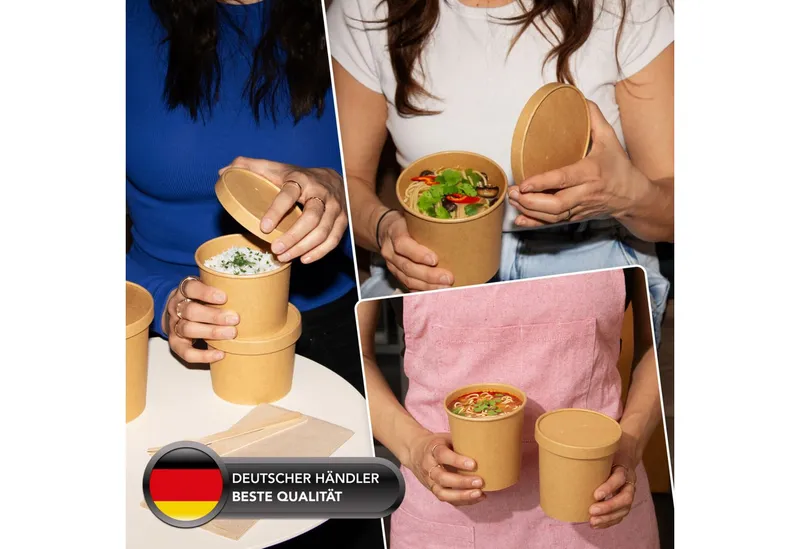 wisefood Einweggeschirr-Set 50-tlg., Bio-Pappdeckel für 200, 300 & 400 ml (50-tlg), Papier, Braun, – Produktbild 5 von 5