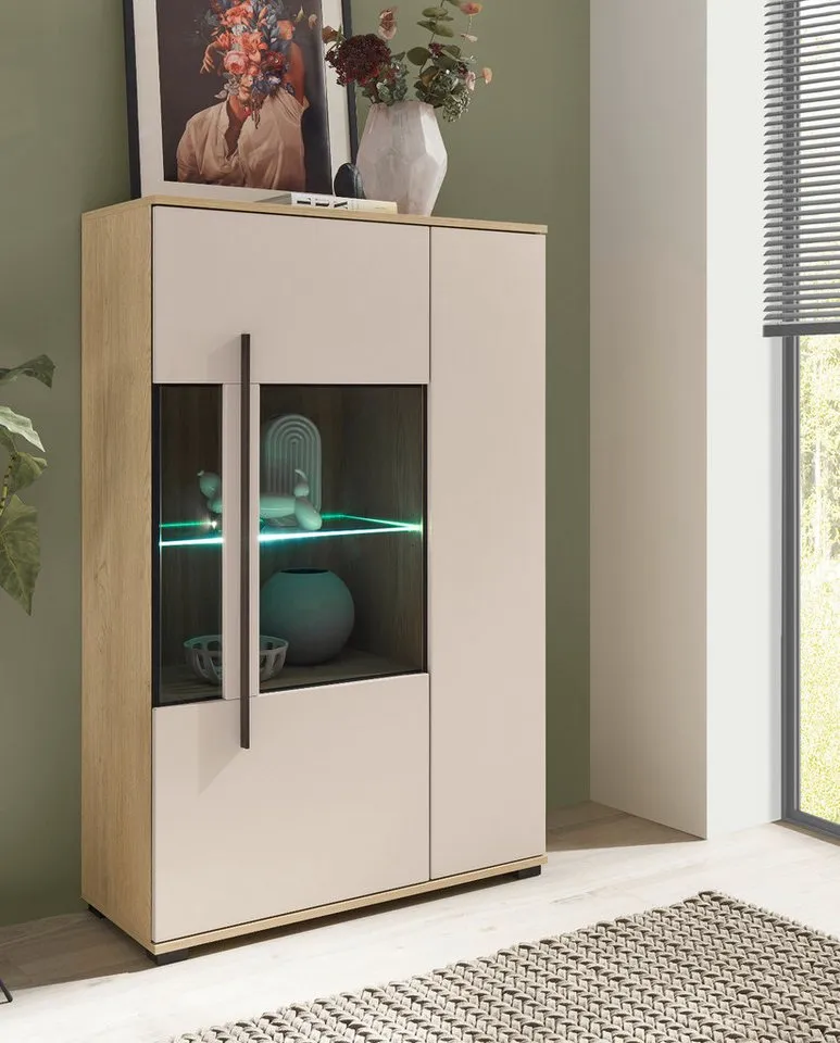 Furn.Design Highboard Design-D (Vitrinenschrank in Kaschmir / Sand und Eiche, 2-türig, 90 x 140 cm), mit viel Stauraum, Beige, – Produktbild 4 von 5