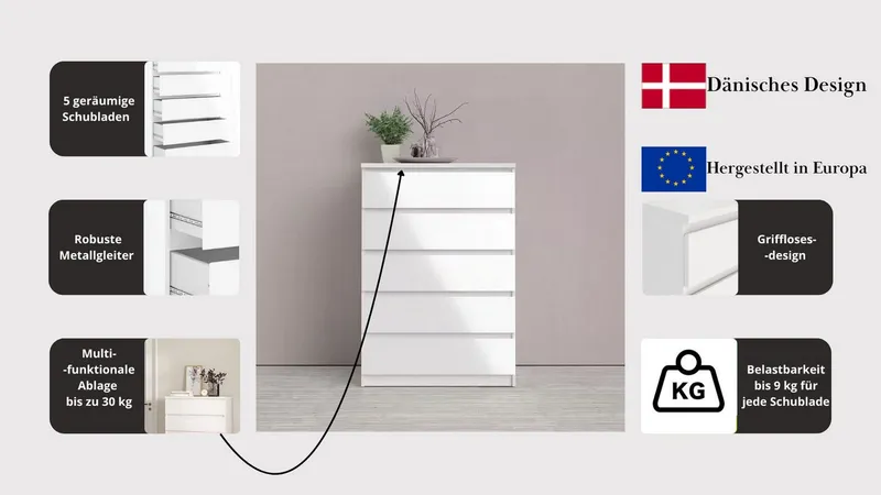 Home affaire Kommode Naia - 5 Schubladen & grifflose Front, Made in Denmark (Breite 77 cm / Höhe 111 cm, in mehreren Farben), abgerundete Schubladenkanten auf Metallgleiter, Breite 77 cm, Weiß, – Produktbild 3 von 5