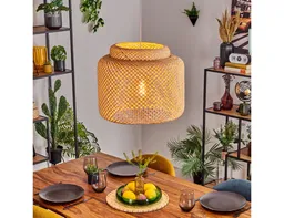 hofstein Hängeleuchte Hängelampe aus Metall/Bambus in Weiß/Naturfarben, ohne Leuchtmittel, Hängeleuchte im Boho-Design, Schirm in Gitter-Optik (45cm), 140cm, E27 – Produktbild 1 von 1
