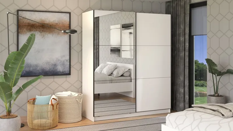 OTTO home Schwebetürenschrank Sierra Kleiderschrank mit Spiegel Garderobe Topseller inklusive Inneneinteilung & Kleiderstange, FSC®-Zertifiziert, Weiß, – Produktbild 2 von 8