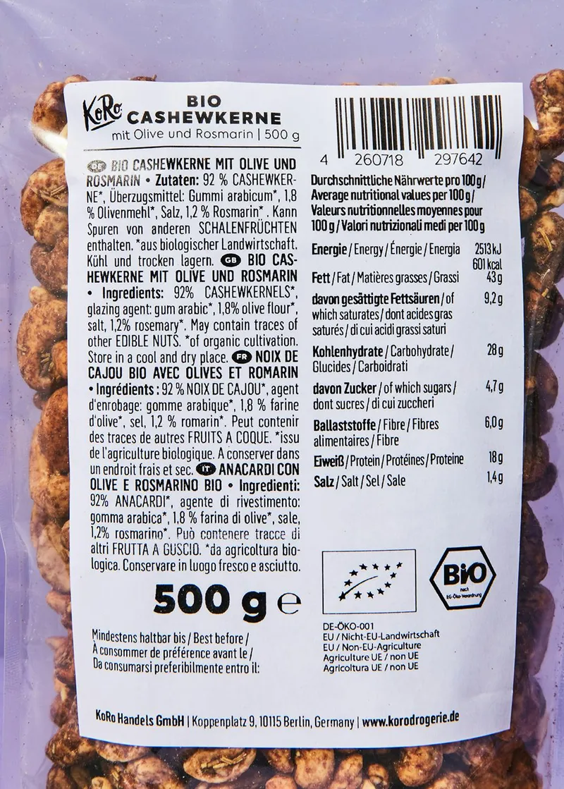KoRo Bio Cashewkerne mit Olive und Rosmarin 500 g – Produktbild 3 von 5