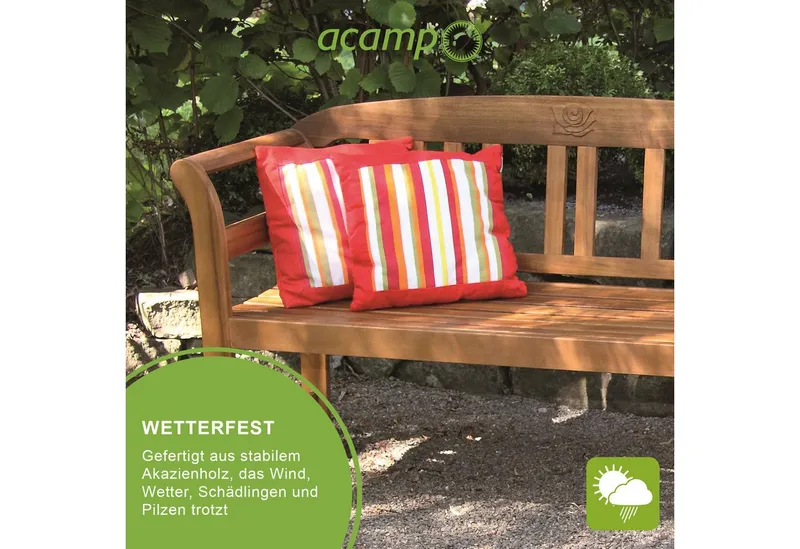 acamp Sitzbank Gartenbank Holz 2-Sitzer wetterfest, Massivholz Akazie FSC® geölt (Holzbank, 1-St., Gartenmöbel), Teakholz-Optik, geschnitzte Rose, 130x50x80 cm, Balkon, Terrasse, Braun, – Produktbild 2 von 5