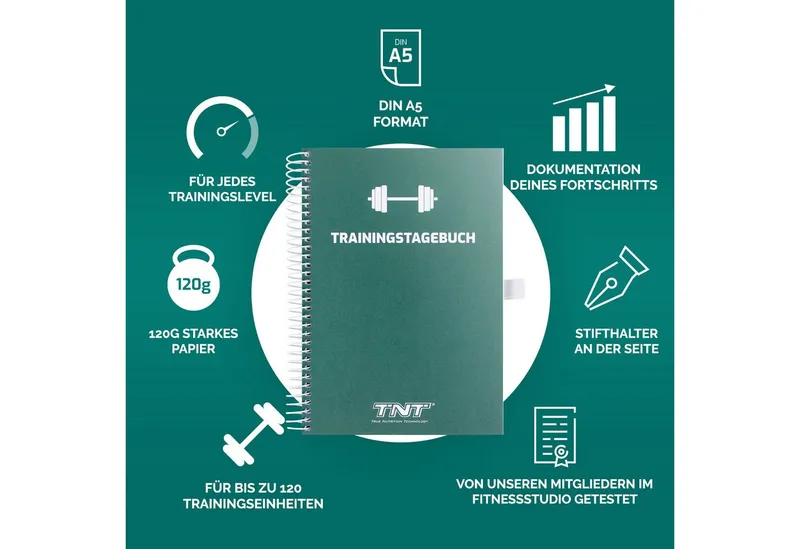 TNT (True Nutrition Technology) Tagebuch Trainingstagebuch für Fitnessstudio, Krafttraining, Fitness, Grün, – Produktbild 3 von 4