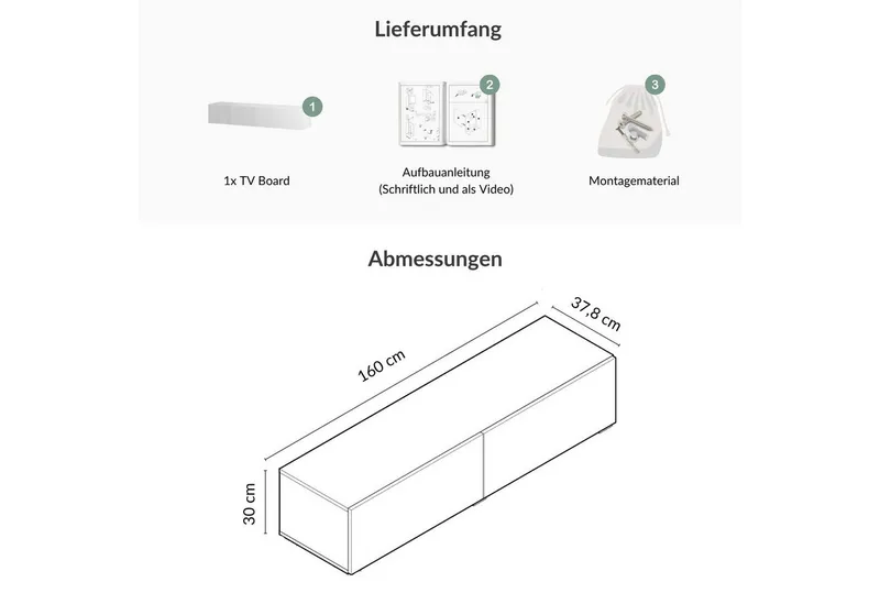 Planetmöbel TV-Schrank West TV-Board, Fernsehtisch 160 cm lang, TV-Lowboard (für Fernseher bis 75 Zoll, TV Schrank viel Stauraum, sideboard hängend, Fernsehschrank 160 x 30 x 37,5 cm) weiß, Weiß, – Produktbild 4 von 4