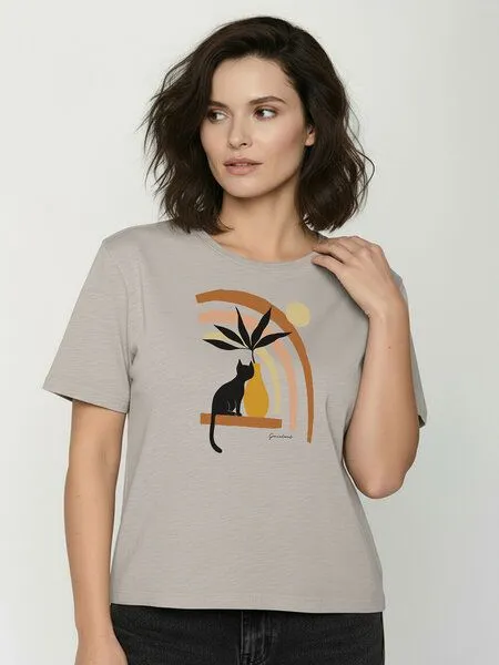 GreenBomb GREENBOMB Cat Vase Nova - Kastiges T-Shirt aus Bio-Baumwolle / hochwertiger Print / GOTS / Fair & Vegan, Grau (sandstone), – Produktbild 2 von 4