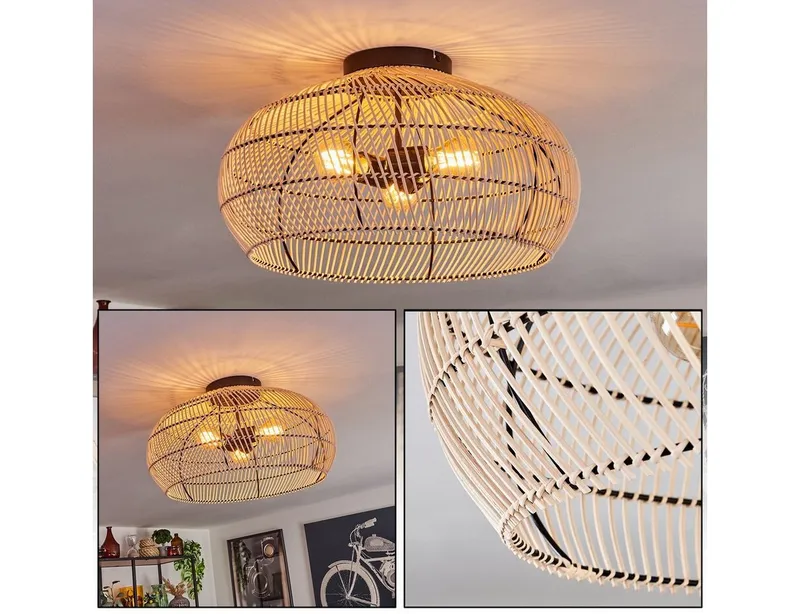 hofstein Deckenleuchte moderne Deckenlampe aus Metall/Bambus in Schwarz/Natur, ohne Leuchtmittel, Deckenleuchte, Lichteffekt, Ø 50cm, 3xE27, ohne Leuchtmittel, Beige|schwarz, – Produktbild 2 von 5