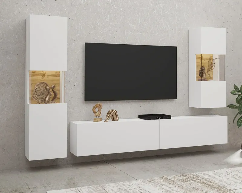 Home affaire Wohnwand Ava, Wohnzimmer-Set hängend/stehend montierbar, Vitrine, Lowboard, 3-tlg., Weiß, – Produktbild 4 von 4