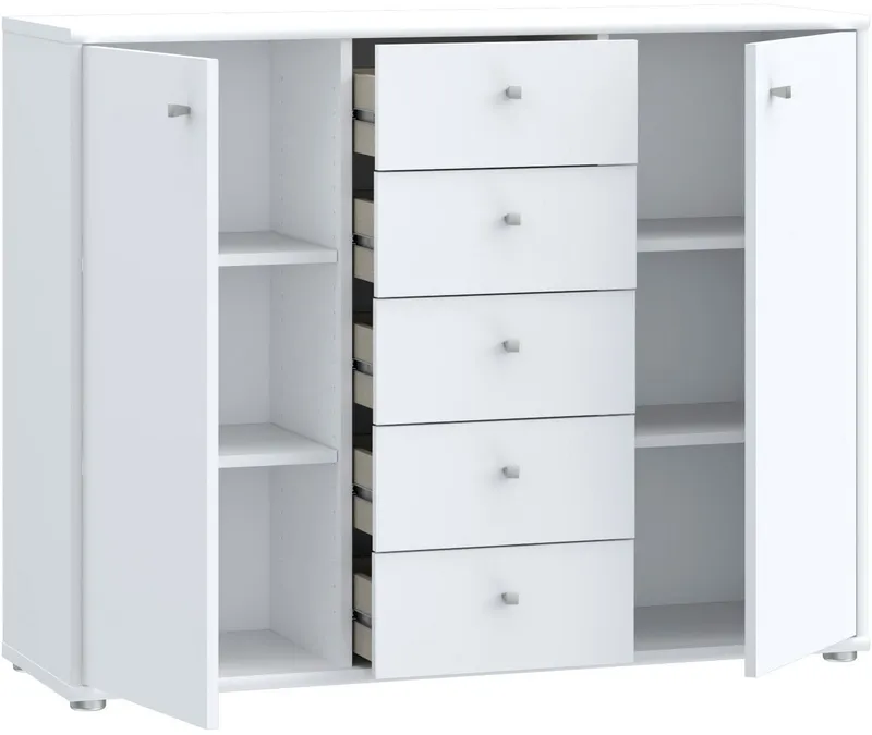 FORTE Kommode Tempra, Kommode, 2 Türen, 5 Schubkästen, viel Stauraum, Breite 108,8 cm, Weiß, – Produktbild 1 von 5