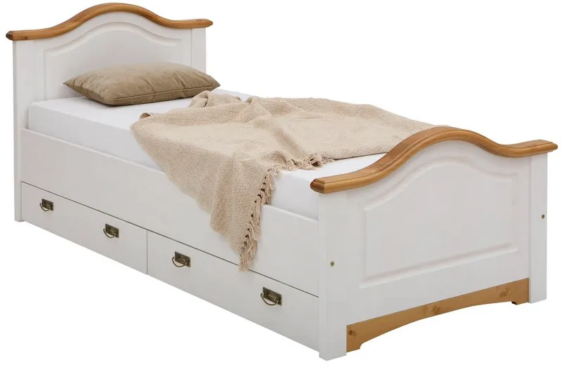OTTO home Massivholzbett Konrad, Stauraumbett, Messinggriffe, rustikaler Landhausstil, mit FSC®-zertifiziertem Massivholz, Liegehöhe 40 cm, Weiß, – Produktbild 3 von 5