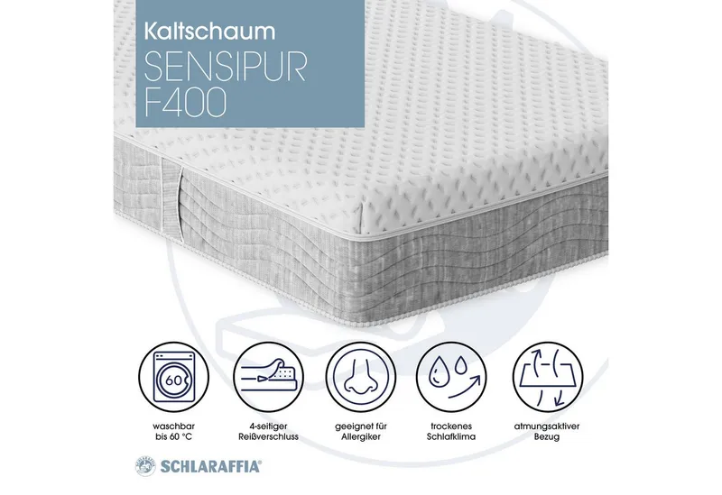 Gelschaummatratze NEUHEIT, PREMIUM Schlaraffia Sensipur F400, 90x200, 140x200 cm & mehr, Schlaraffia, 23 cm hoch, (1-tlg), Matratze in 2 Härten, ergonomisch, langlebige Qualität, Weiß, – Produktbild 4 von 5