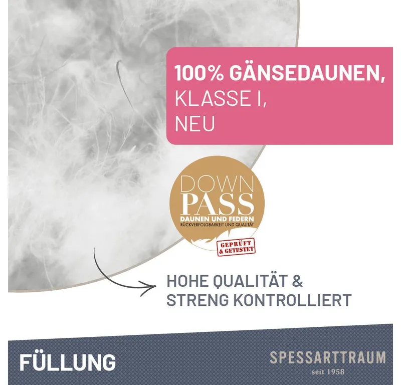 Spessarttraum Spessarttraum Gänsedaunenbettdecke Premium 100% Gänsedaunen, hergestellt in Deutschland, Füllung: 100% Gänsedaunen, Klasse 1, Downpass zertifiziert, Bezug: 100% Baumwolle, Made in Green, Hausstauballergiker geeignet, 4 Wärmeklassen & 5 Größen, Bestseller, hergestellt in Deutschland, Weiß, – Produktbild 3 von 5