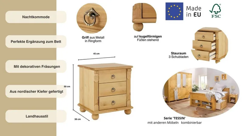 OTTO home Nachtkommode Tessin, aus massiver FSC®-zertifizierter Kiefer, mit 3 Schubladen, Beige, – Produktbild 4 von 5