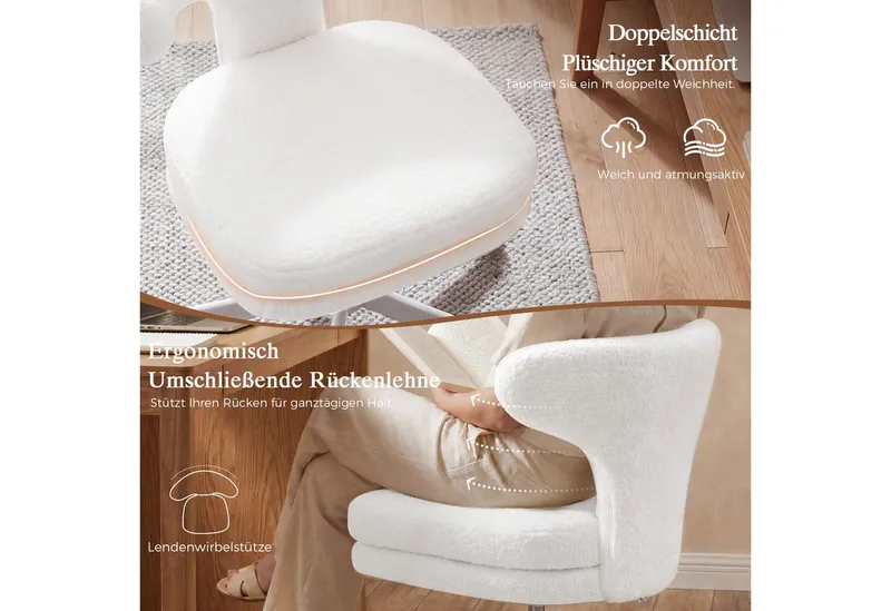 COMHOMA Bürostuhl Homeoffice Stuhl Schminkstuhl mit Rollen, Drehstuhl, mit Umschließender Rückenlehne und Zweilagiges Sitzkissen, Weiß, – Produktbild 4 von 5