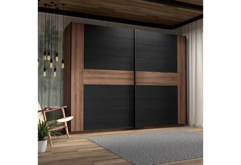 FORTE Schwebetürenschrank Bellevue, viel Stauraum mit schwarzen Metallgriffleisten, ca. 270x210cm, Beige|schwarz, – Produktbild 2 von 5