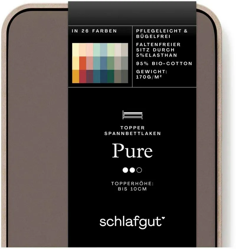 Schlafgut Schlafgut Spannbettlaken PURE TOPPER Bio-Baumwolle mit Elasthan 170 g/m² für Topper bis 10 cm, Jersey-Elasthan, Gummizug: rundum, (1 Stück), PREMIUM Laken für Matratzen bis 10 cm Höhe, dehnbar, blickdicht, Braun, – Produktbild 3 von 5
