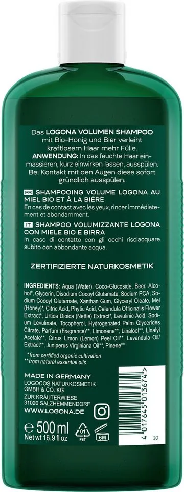 LOGONA LOGONA Haarshampoo VOLUMEN SHAMPOO BIO-HONIG & BIER, für feines Haar, volumenverstärkend – Produktbild 2 von 2