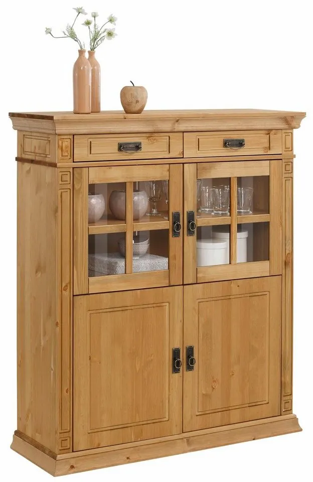 OTTO home Highboard Vinales, 2 Schubladen, 4 Türen, 3 Einlegeböden, Griffe im Jugendstil (B/T/H:112/39/130 cm), Vitrine, Messinggriffe im Jugendstil, Kiefer, FSC®, Beige, – Produktbild 3 von 5