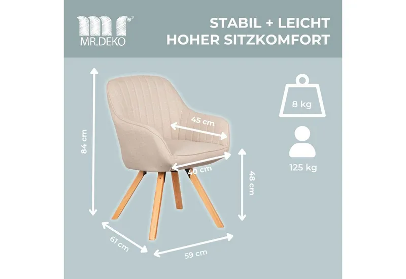MR.DEKO Esszimmer-Set Essgruppe 4x Stuhl Matera beige & Tisch Oria Eiche 120x75 cm FSC®100%, (5-St., 5-teiliges Esszimmer-Set mit Polstersesseln & Holztisch), Essgruppe 4 Personen, Esstisch rund 120 cm, Stühle drehbar, Beige|braun, – Produktbild 3 von 5